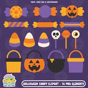 Halloween Candy Clipart PNGs | Candy Corn, Skull Lollipop, Pumpkin Jack O Lantern Bucket, Eyeball, October 31, Spooky, Instant Download
