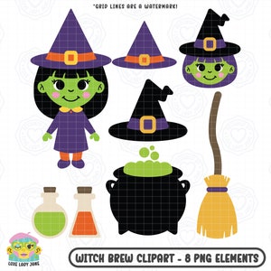 Halloween Witches Brew Clipart PNGs | Cauldron, Witch Hat, Potions, Broomstick, October 31, Spooky, Instant Download