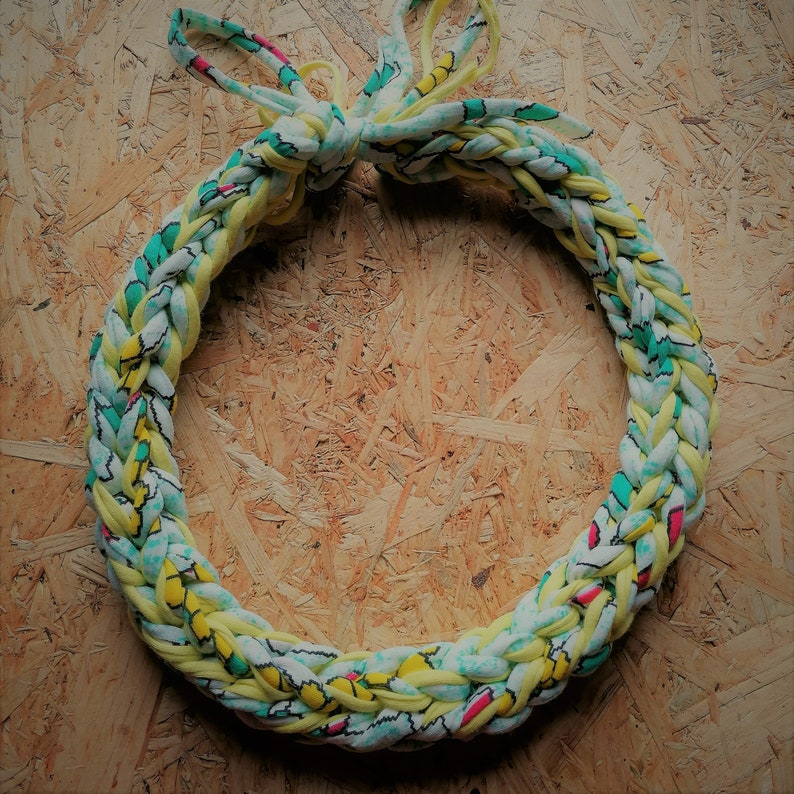 Finger Knit Chunky Jersey Yarn Necklace  Sustainable Green/Yellow Pixel