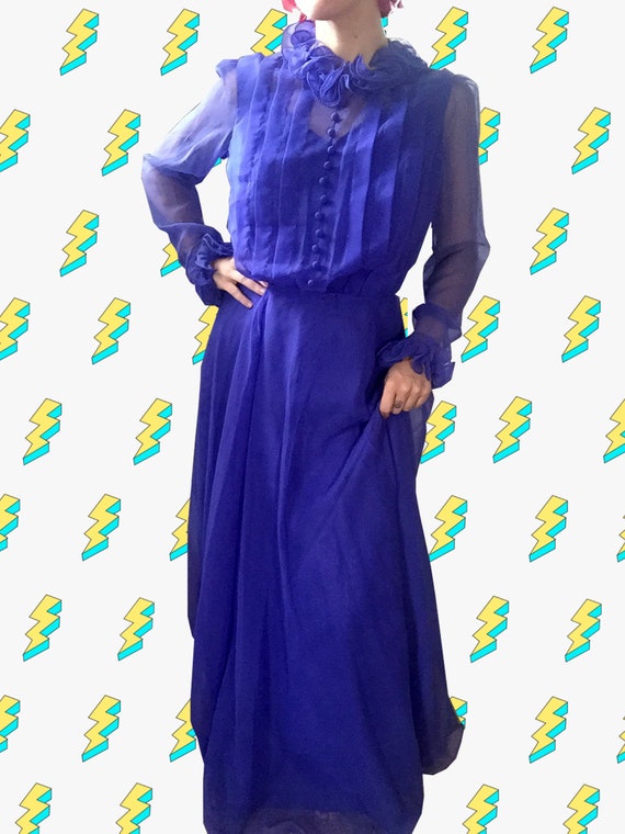 70s "Miss Elliette" Violet Ruffled Chiffon Dress