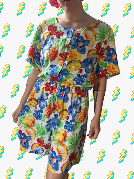 1990s Fruit Tropical Print Summer Romper