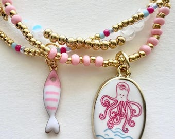 Conjunto de pulseras de pulpo y pez de oro
