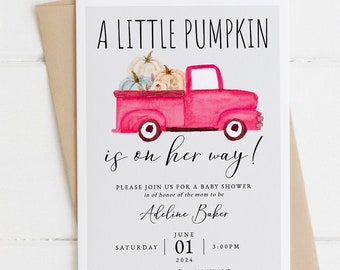 A Little Pumpkin Is On Her Way Baby Shower Invitation Template, Fall Girl Shower Invite Download, Pink Pumpkin Truck Baby Shower, BSH-47