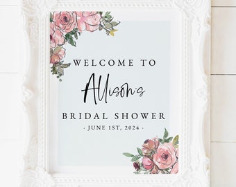 Pink Watercolor Floral Bridal Shower Welcome Sign Download, Printable Wedding Shower Welcome Sign Template, Bridal Shower Decor, WS-19