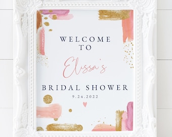 Watercolor Pink and Gold Brush Strokes Bridal Shower Welcome Sign Template Download, Printable Wedding Shower Welcome Sign Template, WS-40
