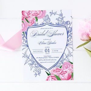 Chinoiserie Bridal Shower Invitation Template, Peonies Bridal Shower Invite Download, Preppy Southern Blue White Pink Peony Invitation SH-85