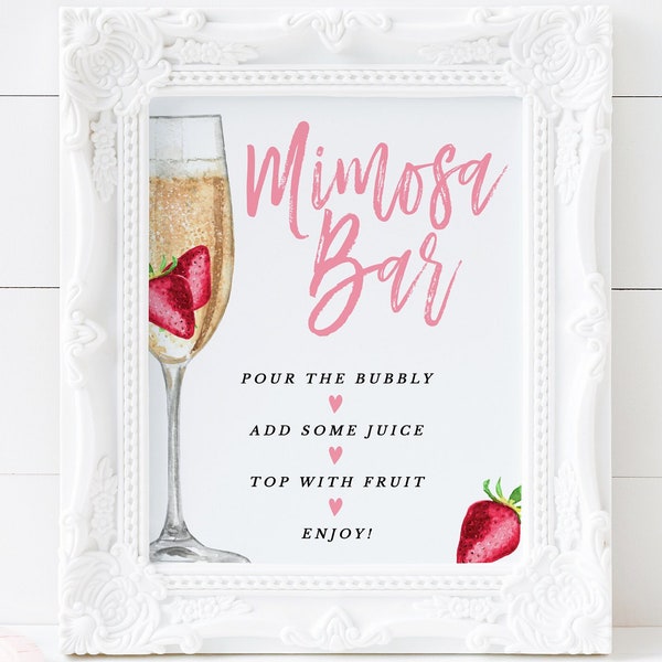 Mimosa Bar Sign Template Instant Download, Strawberry Champagne Brunch Mimosa Bar Sign Download, Printable Mimosa Sign Template, BS-06