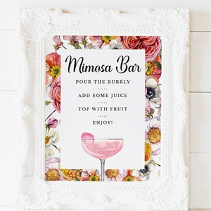 Pink Wildflowers Mimosa Bar Sign Template, Printable Floral Mimosa Bar Sign Download, Champagne Bubbly Bar Sign, Bridal Shower Decor, BS-91