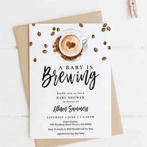A Baby is Brewing Baby Shower Invitation Template Download, Printable Coffee Theme Baby Shower Invite, Baby Brewing Invitation, BSH-04