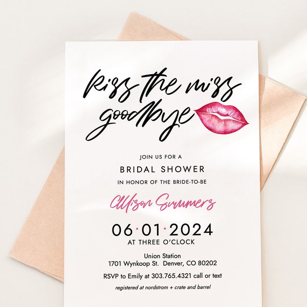 Kiss the Miss Goodbye Bridal Shower Invitation Template, Printable Bachelorette Party Invitation Download, Lips Bridal Shower Invite, SH-82