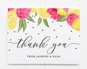 Lemons Pink Floral Thank You Card Template Download, Printable Bridal Shower Thank You Note Template, Wedding Thank You Cards, TC-02