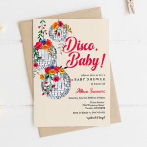 Disco Baby Shower Invitation Download, Floral Disco Ball Girl Baby Shower Invitation Template, Printable 70s Retro Baby Shower Theme BSH-101