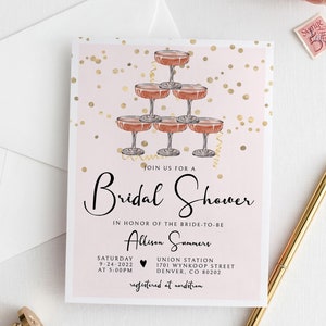 Champagne Tower Bridal Shower Invitation Template Download, Bridal Shower Brunch Invitation, Champagne Wedding Shower Invite, SH-78 image 1