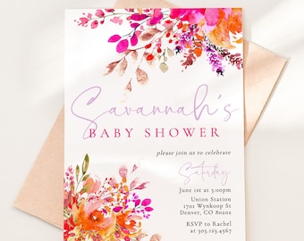 Bright Flowers Baby Shower Invitation Template, Printable Floral Girl Baby Shower Invite, Colorful Baby Shower Invitation Download, BSH-74