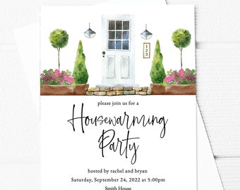 May include: A housewarming party invitation with a watercolor illustration of a white door with two green trees and pink flowers on either side. The text reads "Please join us for a Housewarming Party" and includes the host names, date, time, address, and RSVP information.