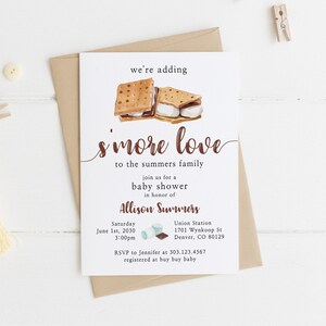 May include: A baby shower invitation with a watercolor illustration of two s'mores. The invitation reads "we're adding s'more love to the summers family. Join us for a baby shower in honor of Allison Summers. Saturday, June 1st, 2030, 3:00pm. Union Station, 1701 Wyakoop St, Denver, CO 80129. RSVP to Jennifer at 303.123.4567, registered at buy buy baby."