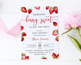 Someone Berry Sweet is on the Way Baby Shower Invitation Template, Girl Baby Berry Shower Strawberry Invitation Download, BSH-109