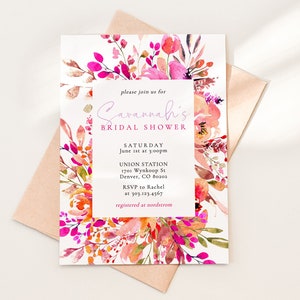 Descarga de plantilla de invitación de despedida de soltera de flores brillantes, invitación de ducha de parejas de bodas florales coloridas imprimible, SH-74