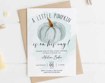 A Little Pumpkin is on His Way Boy Baby Shower Invitation Template, Printable Pumpkin Fall Baby Shower Invitation Download, BSH-47