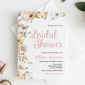 Blush Floral Bridal Shower Invitation Template Download, Printable Blush Flowers Bridal Shower Invite, Floral Shower Invitation, SH-95