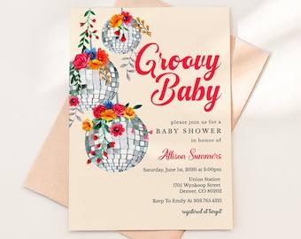 Floral Disco Baby Shower Invitation Template Download, Printable Groovy Baby Shower Invitation Download, 70s Girl Baby Shower Invite BSH-101