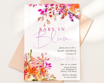 Bright Flowers Baby in Bloom Baby Shower Invitation Template, Girl Pink Floral Baby Shower Invitation Download, Printable Invite, BSH-74