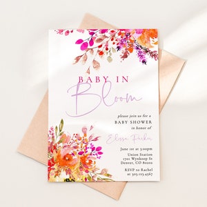 Modello di invito per baby shower con fiori luminosi in fiore, download di invito per baby shower floreale rosa ragazza, invito stampabile, BSH-74