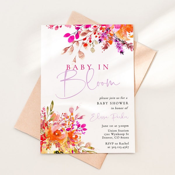 Modèle d'Invitation de baby shower fleurs lumineuses bébé en fleurs, téléchargement d'invitation de shower de bébé floral rose fille, invitation imprimable, BSH-74