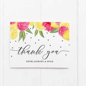 Download do modelo de cartão de agradecimento floral rosa limão, modelo de nota de agradecimento para chá de panela para impressão, cartões de agradecimento de casamento, TC-02