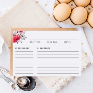 Printable Pink Floral Watercolor Recipe Card with Lines, Blank Recipe Index Card for Handwritten Recipes, DIY 4x6 Recipe Card, RC-08
