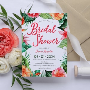 Tropical Bridal Shower Invitation Template, Floral Palm Leaves Hawaiian Luau Wedding Shower Invitation Printable, Tropical Shower, SH-26
