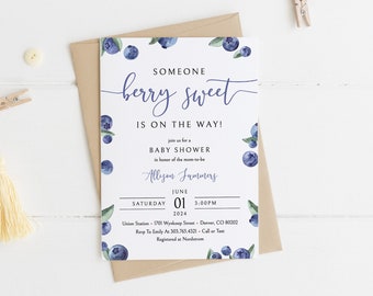 Szablon zaproszenia na baby shower z motywem słodkich jagód, do druku, zaproszenie na baby shower dla chłopca, BSH-109