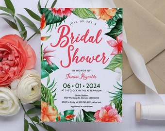 Könnte beinhalten: Eine tropische Einladung zu einer Bridal Shower mit rosa und orangefarbenen Blumen, grünen Blättern und dem Text "JOIN US FOR A BRIDAL SHOWER IN HONOR OF Jasmine Reynolds 06.01.2024 AT 3 O'CLOCK IN THE AFTERNOON Union Station 1701 Wynkoop St. Denver, CO 80202 RSVP to Emily at 303.765-4321 call or text registered at nordstrom"