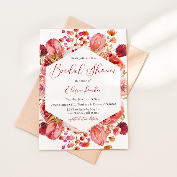 Red Floral Bridal Shower Invitation Download, Printable Garden Party Bridal Shower Invitation Template, Red Blush Watercolor Floral, SH-90