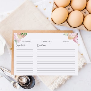 White Strawberries Recipe Card with Lines, 4x6 Download, Printable Blank Recipe Index Card Template, Recipe Organizer, Baking Gift, RC-14