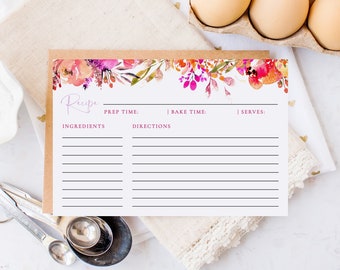 Bright Flowers Lined Recipe Index Card for Handwritten Recipes, Printable Blank Recipe Card Template, 4x6 Recipe Index Card Download, RC-74