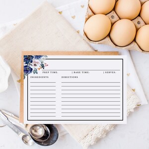 Modelo de cartão de receita com forro floral em aquarela da Marinha 4x6, download de cartão de índice de receita em branco para impressão, cartão de receita com linhas, manuscrito RC-59