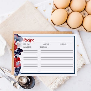 Modelo de cartão de receita em branco de frutas vermelhas, cartão de índice de receita 4x6 com linhas, download de cartão de receita para impressão, presente de receita manuscrita, RC-60