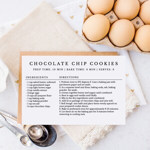 May include: A printable recipe card for chocolate chip cookies with a list of ingredients and directions. The recipe card has a brown background with white text. The ingredients include 1 cup salted butter, 1 cup granulated sugar, 1 cup light brown sugar, 2 teaspoons vanilla extract, 2 large eggs, 3 cups all-purpose flour, 1 teaspoon baking soda, 1 teaspoon baking powder, 1 teaspoon sea salt, and 2 cups chocolate chips.
