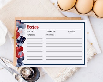 May include: Printable recipe card with a blue and red berry border. The card has sections for prep time, bake time, ingredients, directions, and servings.