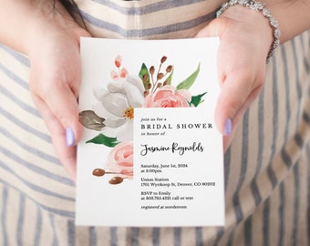 White Pink Magnolia Floral Bridal Shower Invitation Template, Printable Couples Wedding Shower Invitation Download, Instant Download, SH-01