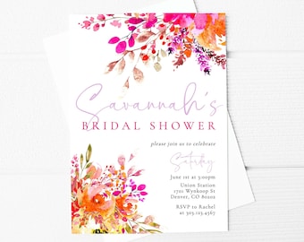 Heldere bloem bruids douche uitnodiging sjabloon, kleurrijke bloemen bruiloft paren douche uitnodiging afdrukbare, Instant Download, SH-74