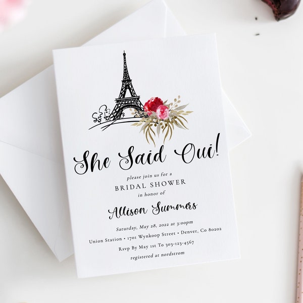 She Said Oui Paris Bridal Shower Invitation Template, Printable French Bridal Shower Invitation Download, Paris Theme Wedding Shower, SH-28