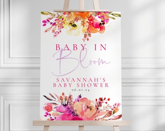 Baby in Bloom Welcome Sign Template, Printable Bright Floral Girl Shower Decor Download, WS-74