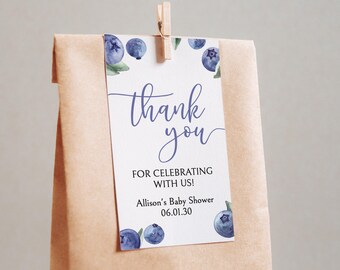 Plantilla de etiquetas de regalo para baby shower con arándanos dulces, etiqueta de agradecimiento imprimible, descarga T-109