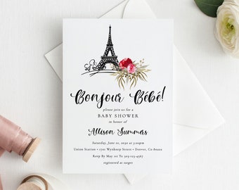 Eiffel Tower Baby Shower Invitation Template, Printable Paris French Theme Invite Download, BSH-28