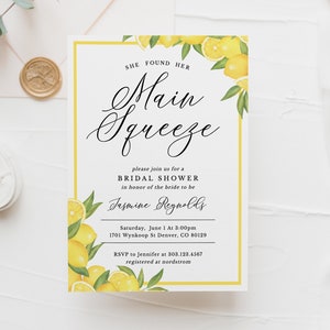 She Found Her Main Squeeze Citrus Bridal Shower Invitation Template, Printable Lemon Themed Invite, Instant Download, SH-02