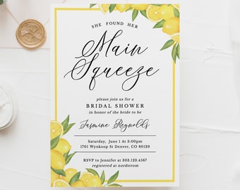 She Found Her Main Squeeze Citrus Bridal Shower Invitation Template, Printable Lemon Themed Invite, Instant Download, SH-02