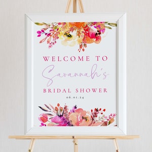 Bright Floral Bridal Shower Welcome Sign Template, Printable Wedding Shower Welcome Sign Download, Pink Orange Watercolor Flowers WS-74