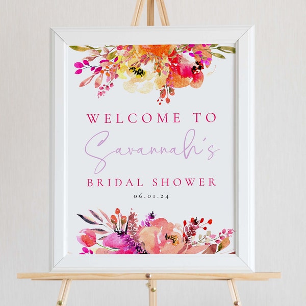 Modèle de signe de bienvenue de douche nuptiale florale lumineuse, téléchargement imprimable de signe de bienvenue de douche de mariage, fleurs aquarelle orange rose WS-74